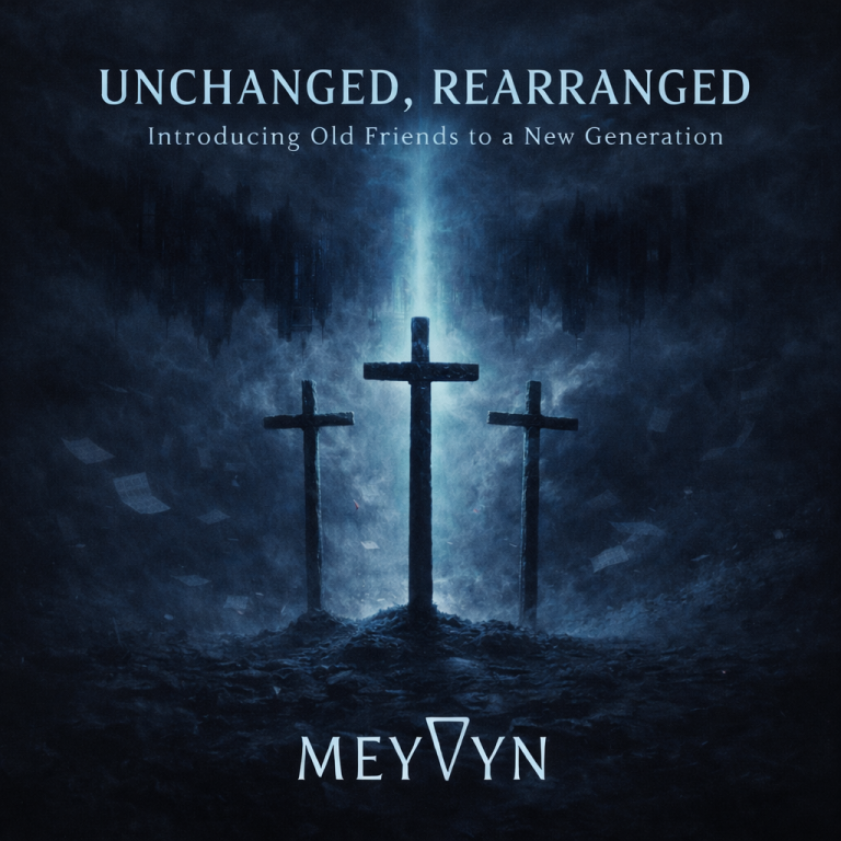 Album cover for UNCHANGED, REARRANGED by MeyVyn featuring three crosses on Calvary under a blue night sky