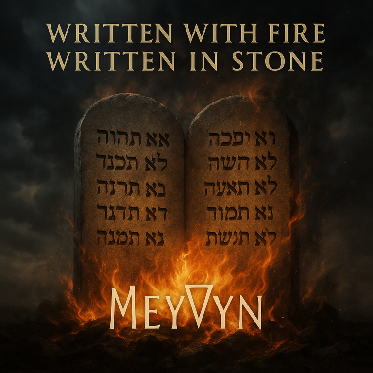 Album cover for “Written With Fire Written in Stone” by MeyVyn featuring ancient stone tablets illuminated by flames against a dark textured background, with the MeyVyn logo centered at the bottom.