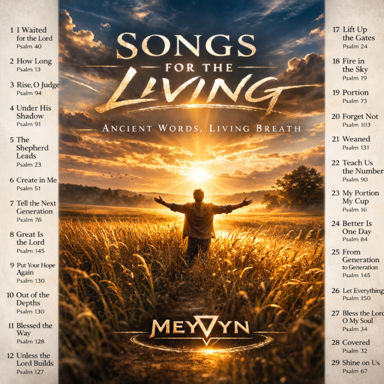 Songs for the Living album cover by MeyVyn featuring a man standing in a wheat field at sunrise with arms raised in worship, inspired by the Psalms