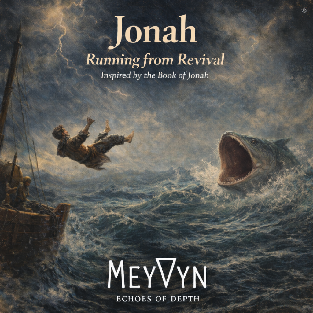 Jonah thrown from a ship into stormy seas as a great fish rises to swallow him, album cover for Jonah Running from Revival by MeyVyn
