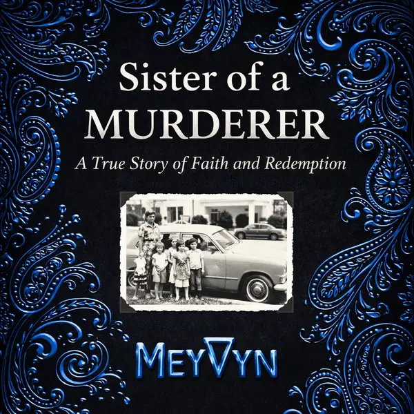 Album cover for Sister of a Murderer by MeyVyn featuring vintage family photo and blue chrome paisley design