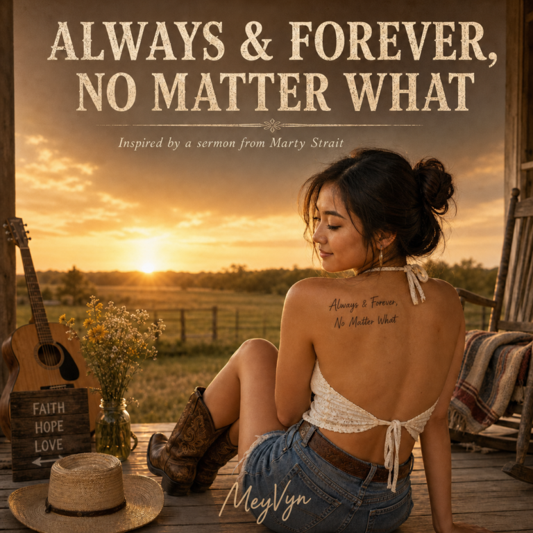 Alt Text: Album cover for Always & Forever, No Matter What by MeyVyn, showing a young woman on a rustic porch at sunset with a handwritten tattoo reading Always & Forever, No Matter What.